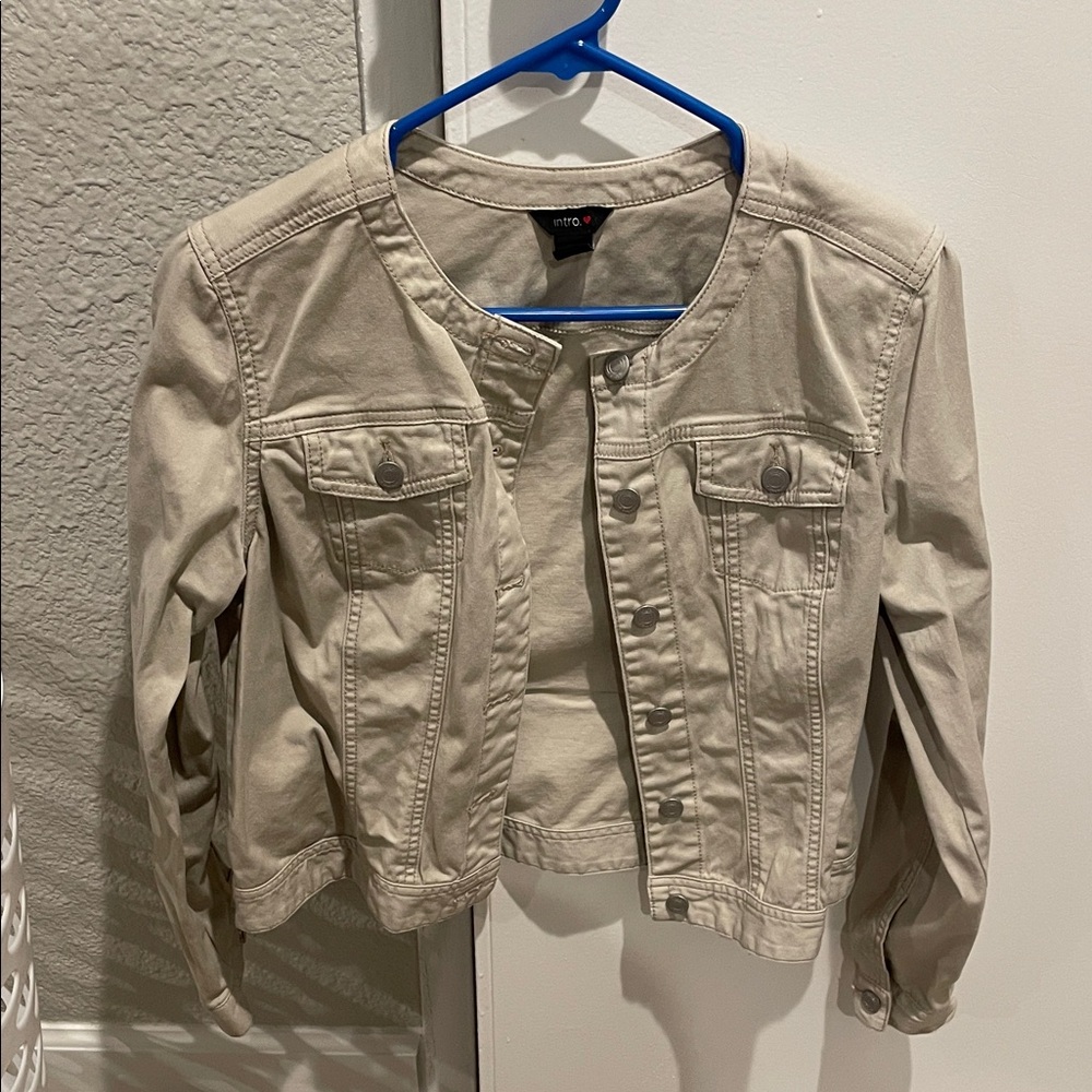 Beige Button Down Collarless Long Sleeve Denim Jacket